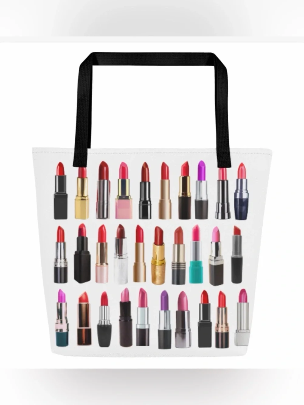 Women’s White Lipstick Print Tote Bag with Black Straps